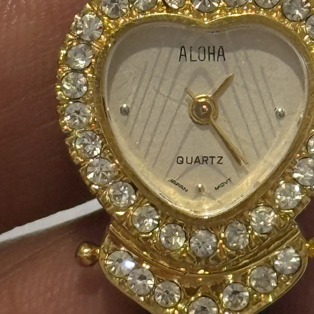 ALOHA Heart Rhinestone Women's Quartz Watch Black Leather Japan Movement VTG